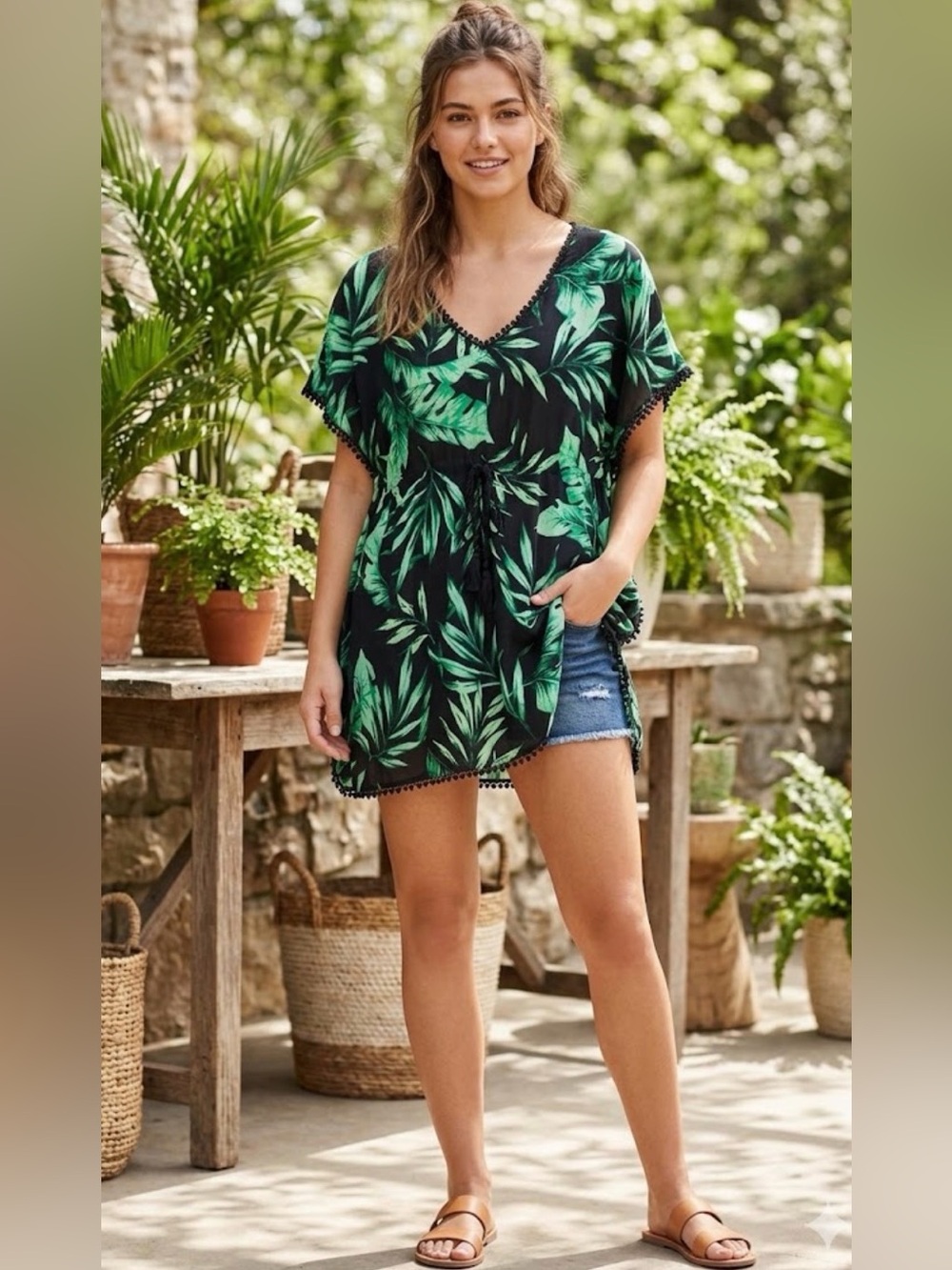 Old Navy Womens Blouse Top Waist Tie Leaf Print Green Black